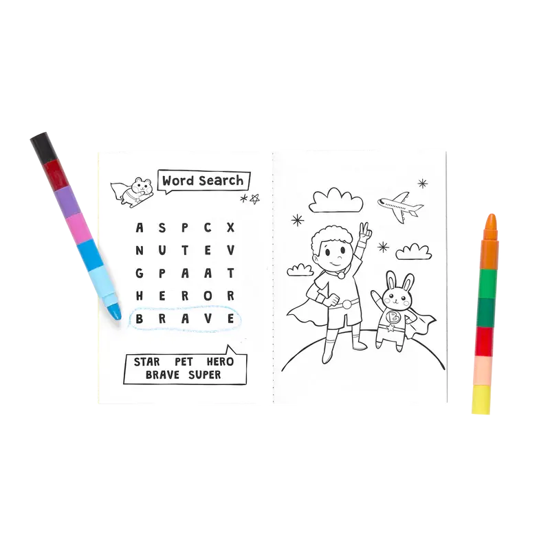 mini traveler coloring + activity kit - superkids & pets thepartyville