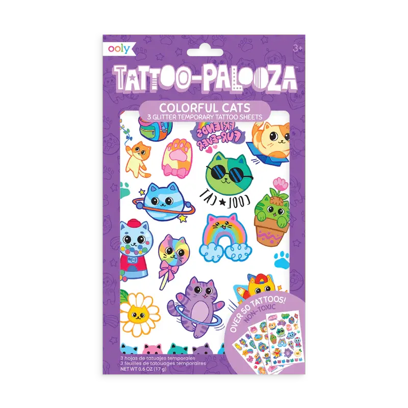 tattoo-palooza temporary tattoos - colorful cats - 3 sheets OOLY